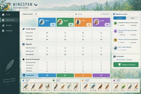 Interface de l'application de suivi de scores Wingspan